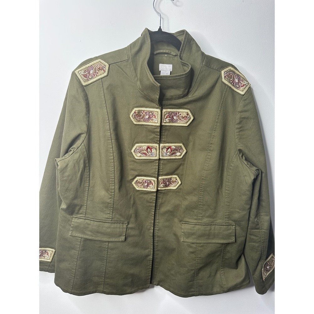 Chico's Olive Green Military Jacket Embroidered Beaded Paisley Size 3 XL 16/18
